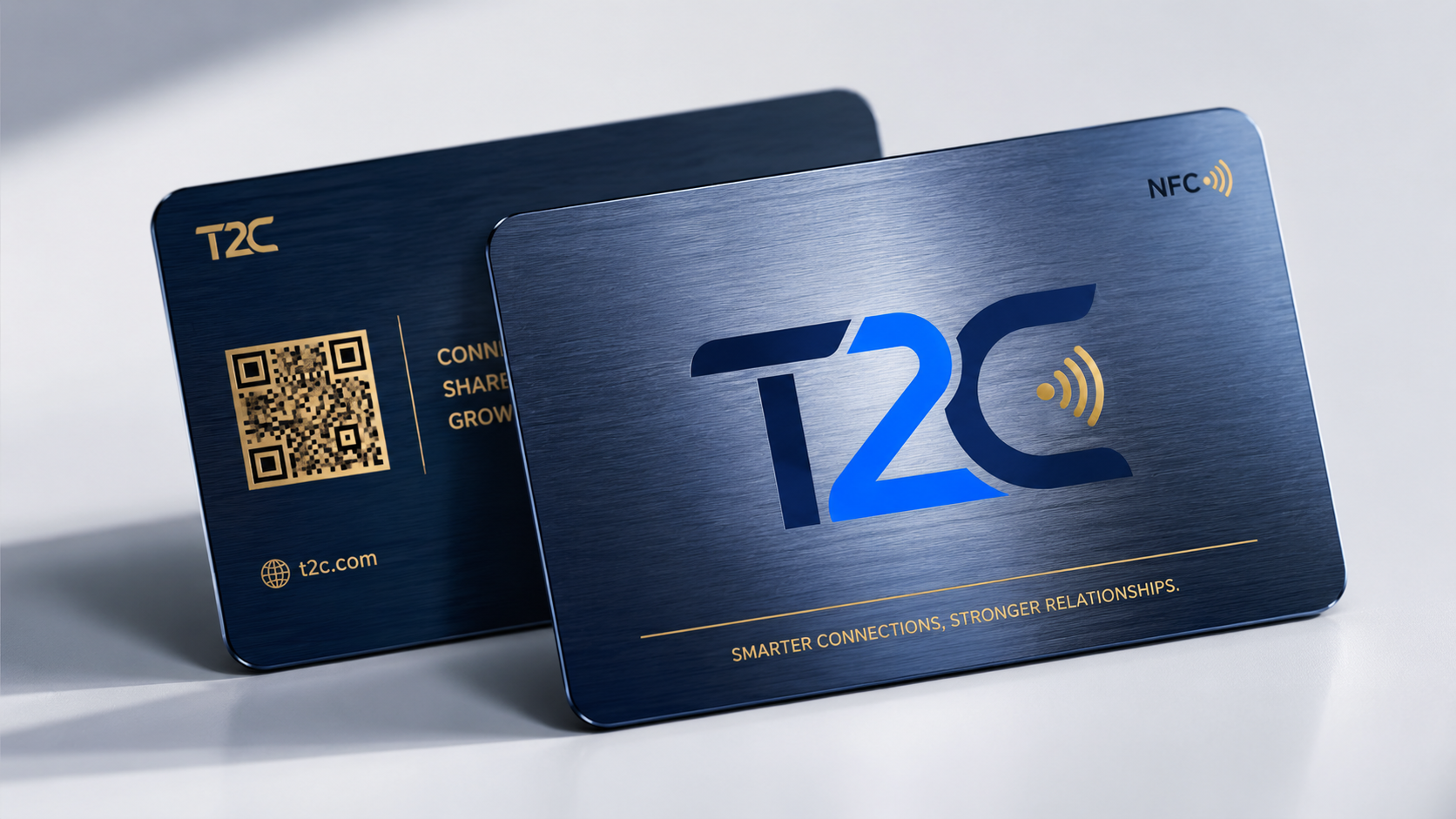 T2C brushed blue metal NFC cards shown from the front and back