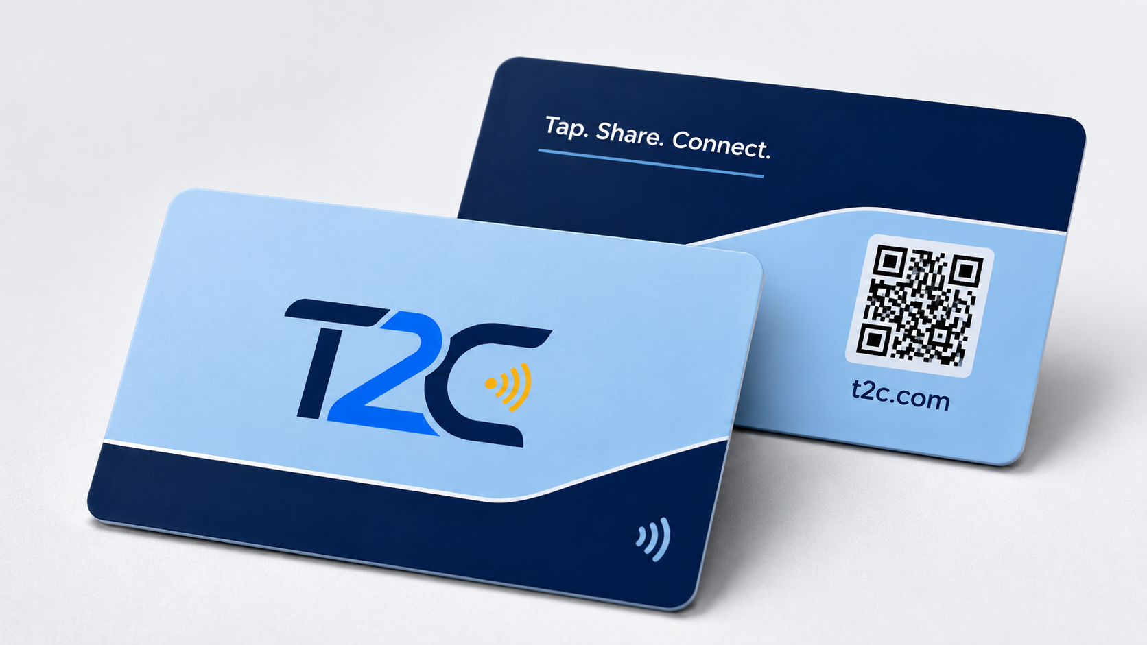 T2C blue plastic NFC cards shown from the front and back