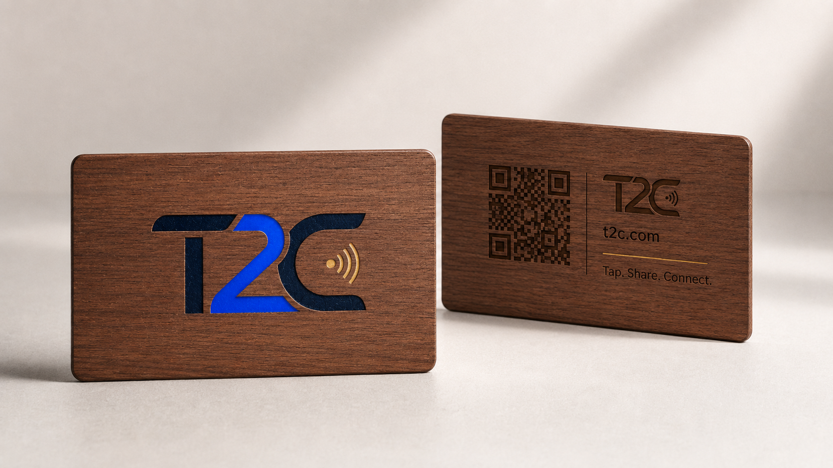 T2C wooden NFC cards shown from the front and back